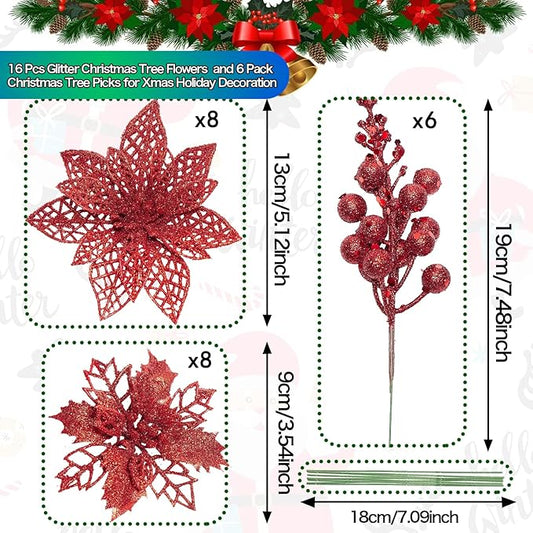 Zhuqing 22Pcs Christmas Poinsettia Artificial Flowers and Glitter Berries Stems Kit, 16Pcs Christmas Tree Flowers Ornaments and 6 Pack Christmas Tree Picks for Wedding Holiday Decorations (Red)