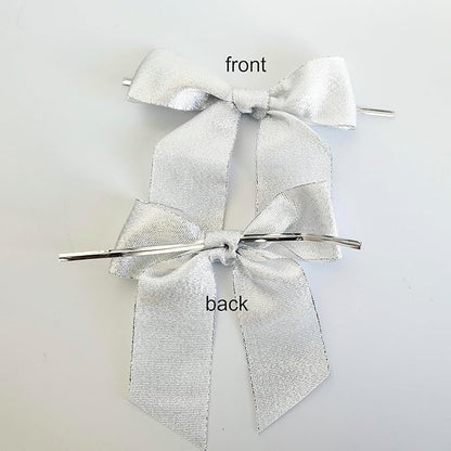 36pcs 4-1/2" Metallic Silver Glitter Ribbon Bows with Twist Ties for Gift Wrapping Packing Christmas Big Bows for Thanks Giving Giant Twist Tie Bows for Holiday Decoration (Silver)