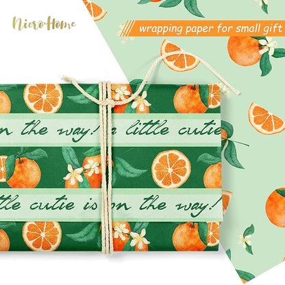 NICROHOME EUR Little Cutie Baby Shower Decorations Tissue Paper, 24 Sheets Orange Green Citrus Print Gift Tissue Wrapping Paper for Birthday, Summer Party, Fruit Party Craft Wrapping