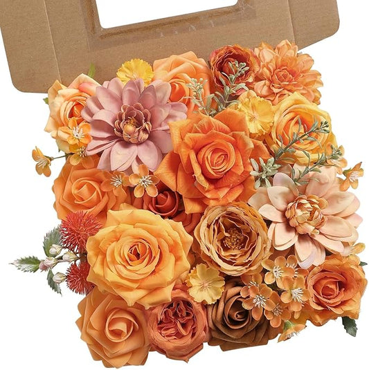 Artificial Flowers Combo Box Orange Fake Roses Silk Flowers with Stems Dahlia for DIY Cake Wedding Bridal Bouquets,Floral Arrangement,Table Centerpieces,Baby Shower,Home Party Decorations