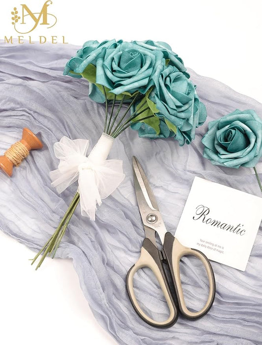 Meldel Artificial Flowers 25pcs Real Looking Dark Teal Foam Fake Roses with Stems for DIY Wedding Bouquets Bridal Shower Centerpieces Floral Arrangements Home Decorations Crafts Rose