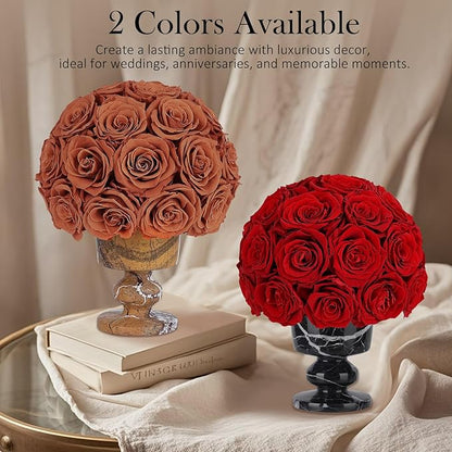 Forever Flowers Preserved Roses in Marble Vase, Fall Flower for Delivery, Eternal Roses Autumn Gift for Women, Table Centerpiece Flowers for Home Decor Party Living Room Bedroom Vintage Orange