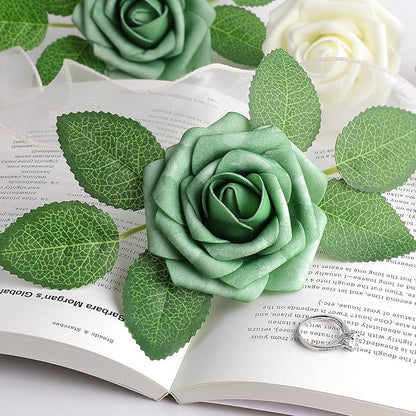 AmyHomie 25pcs Real Looking Artificial Shades of Forest Roses w/Stem for DIY Wedding Bouquets Centerpieces Arrangements Party Baby Shower Valentines Day Christmas Tree Decorations