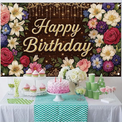 Rustic Wooden Gold Letter Happy Birthday Backdrop Banner for Women Girls Flowers Photography Background Decoration Wedding Baby Shower Decor Photo Booth Studio Props Supplies 6x4ft