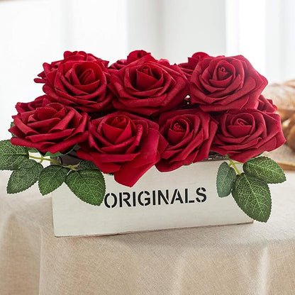25pcs Artificial Flower Foam Rose Real Touch Roses Flower Heads with Stem for DIY Wedding Bouquets Centerpieces Arrangements Party Baby Shower Home Decor (Dark Red)