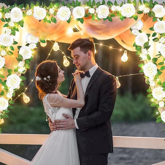 2 Pcs Flower Garland with 19.6 Ft Lights, 13.2 Ft White Floral Garland Fake Flowers for Wedding Arch Party Wall Garden Room Decor