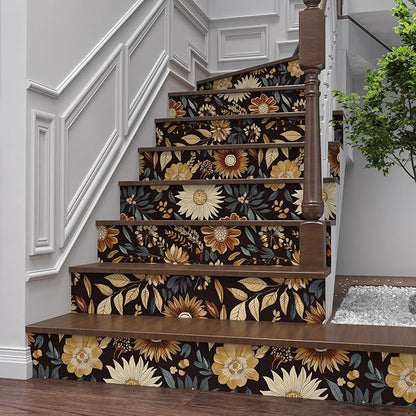 Extra Long Vintage Wallpaper Peel and Stick, 17.5" x 393" Boho Dark Floral Sunflower Contact Paper for Bedroom Cubicle Door, Retro Abstract Removable Antique Wall Paper Art Decor Black Orange