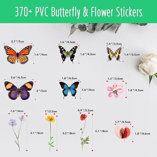 370+ PCS PVC Flower & Butterfly Stickers, Self-Adhesive Nature Floral Stickers for Scrapbook, Laptop, Journal, DIY Project, Spring Themed Party Decors