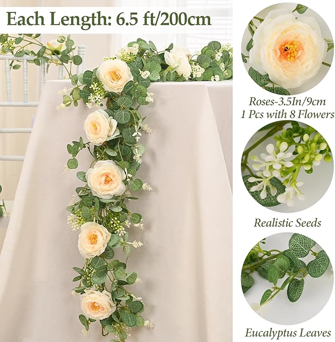 Dolicer 4Pcs 26Ft Artificial Eucalyptus Garlands with Flowers, Faux Floral Greenery Garlands Fake Flowers Vines for Wedding Centerpieces Arch Party Ceremony Backdrop Decor (Champagne)
