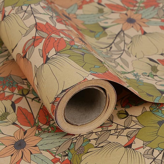 Aimyoo Kraft Floral Wrapping Paper Roll - Mini Roll - 17 Inch x 16.4 Feet - All Occasion Vintage Flower Gift Wrap Paper for Mother's Day Wedding Birthday Bridal Shower