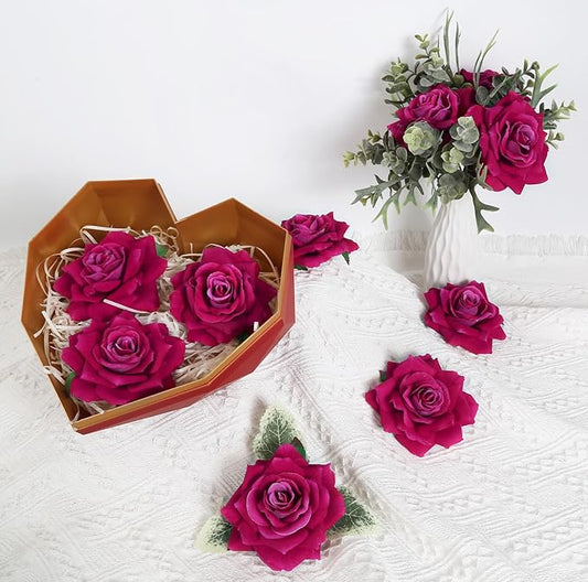 Hot Pink Roses 16pcs Artificial Velvet Roses Head Bulk Silk Flowers 4.3" Hot Pink Artificial Roses with Stems for Wedding Flowers for Centerpieces Home Party Decor (Hot Pink)