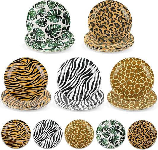 50 PCS Jungle Safari Party Tableware Supplies, Disposable Animal Print 7 Inch Paper Plates, Zebra Giraffe patterns Plates for Jungle Zoo Animal Themed Birthday Party Christmas Decor, Serves 50 Guests