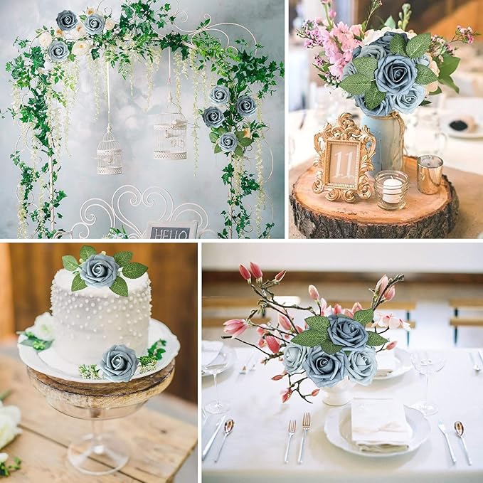 AmyHomie Artificial Flower Dusty Blue Shades Rose 25pcs Real Looking Fake Roses w/Stem for DIY Wedding Bouquets Centerpieces Arrangements Party Baby Shower Valentines Day Christmas Tree Decorations