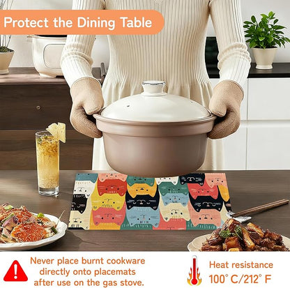Cute Cat Placemat Set of 6,Heat Resistant Linen Table Mats for Indoor Outdoor Home Kitchen Dining Room Table 12x18Inch