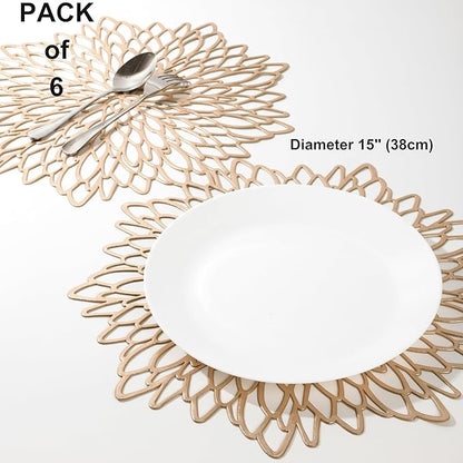 Snowkingdom 6 Pack Gold Placemats Metallic Pressed Vinyl Round Leaf Plastic Dinning Table Place Mats Fancy Decorative for Wedding Christmas Thanksgiving Holiday Spring Outdoor