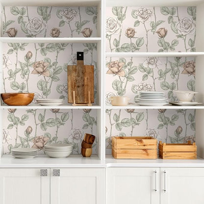VaryStyle Vintage Beige Floral Wallpaper Elegant Rose Branches Flower Peel and Stick Wallpaper for Bedroom Bathroom 17.7"x118" Self Adhesive Waterproof Vinyl Beige Contact Paper for Cabinets Drawers