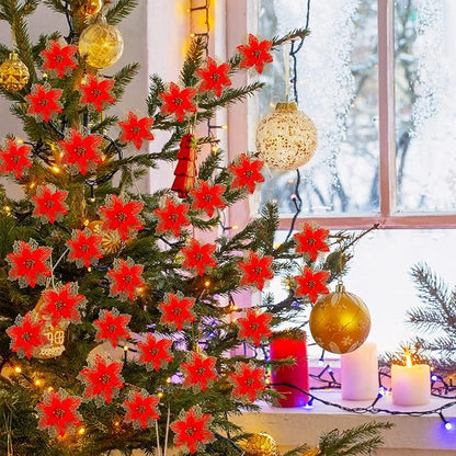 Geosar 24 Pieces Christmas Glitter Poinsettia Flowers Layered Artificial Xmas Flowers Wedding Christmas Tree New Year Ornaments 3/4/6 Inch(Red)