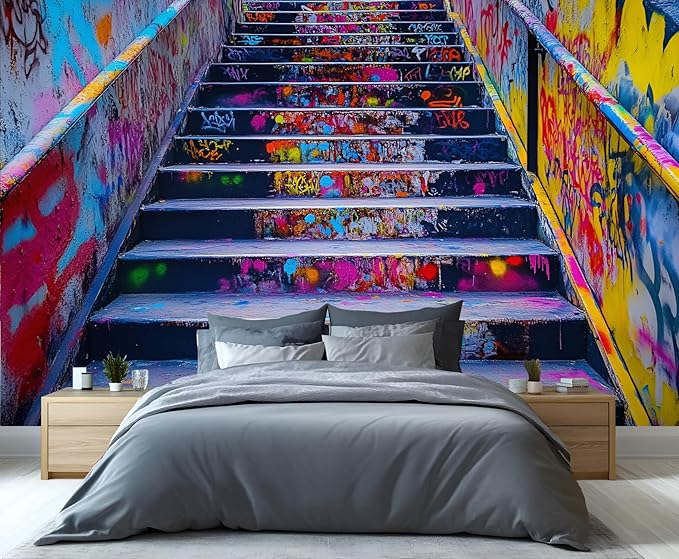 Graffiti Staircase Wall Mural, Urban Street Art 3D Wall Murals, Modern Hip-Hop Colorful Graffiti Steps Wallpaper Mural, for Living Room Bedroom Large Wallpaper Indoor Decor 118" W x 82.6 "H