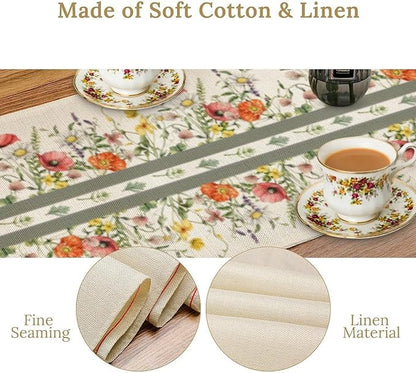 Watercolor Floral Table Runner, Red Wildflowers Botanical Nature Farmhouse Design Table Runner for Kitchen Dining Home Party, 13x60 Inch