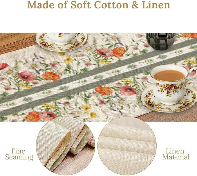 Watercolor Floral Table Runner, Red Wildflowers Botanical Nature Farmhouse Design Table Runner for Kitchen Dining Home Party, 13x70 Inch