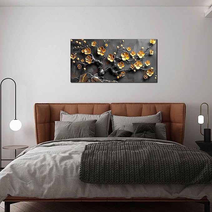 Large Canvas Wall Art for Living Room Bedroom Home Office Grey and Gold Metal Color Plum Blossom Picture Modern Canvas Prints Framed Wall Decor Size 20x40