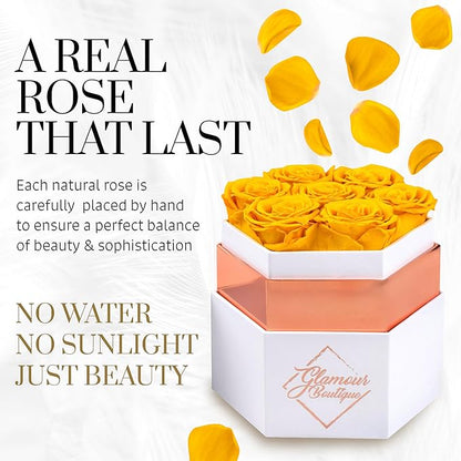 GLAMOUR BOUTIQUE Eternal Preserved Roses in a Box - Flowers Forever, Rose Forever in a Box for Wife, Birthday Gifts for Her, 7 Roses, Yellow