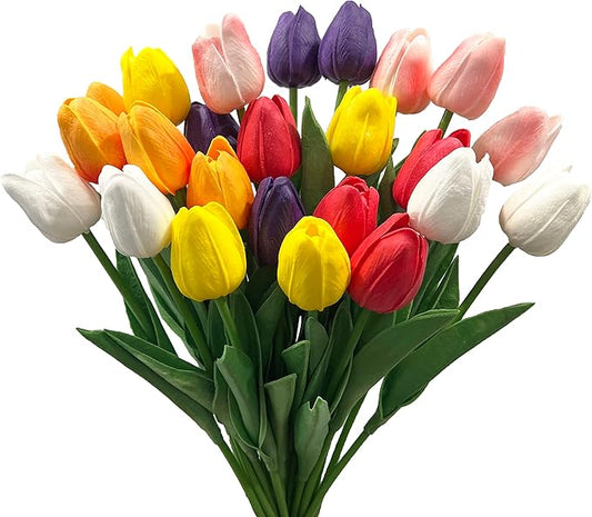 24pcs Multicolor Artificial Tulips Flowers Fake Faux PU Tulip Bouquet Real Touch Flower Arrangement for Home Decoration Excellent Gift Idea for Mothers Day（Multi）