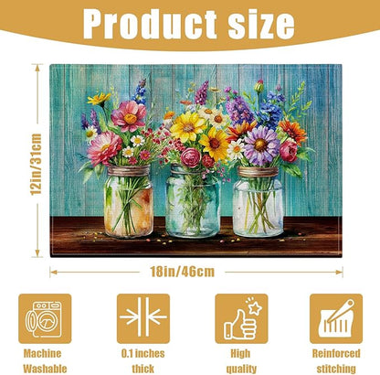 Rustic Flower Placemats Set of 6, Spring Flower Vase Linen Place Mat Washable Stain Resistant Table Mats for Farmhouse Kitchen Party Wedding 12x18 Inch
