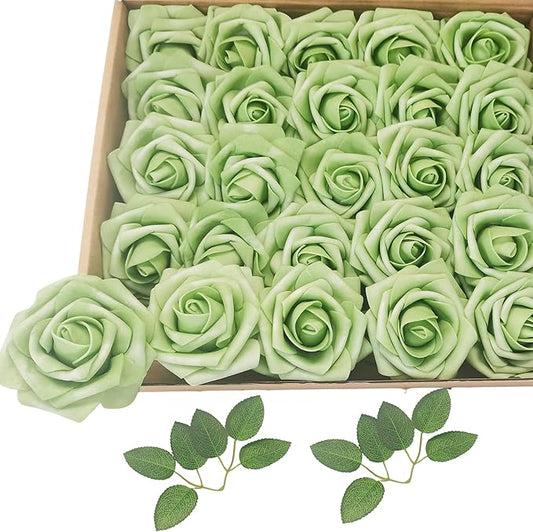 Artificial Rose Flowers 25pcs, Matcha Green Foam Fake Rose Faux Flower for Wedding Bouquets Bridal Shower Centerpieces Floral Arrangements Home Decorations Party Backdrops Table