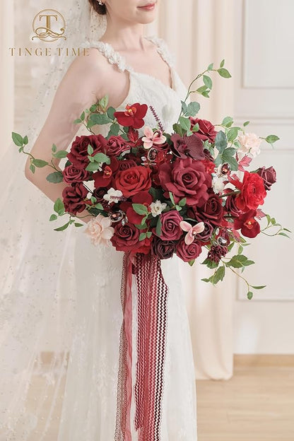 TINGE TIME 17 Inch Artificial Bridal Bouquet Realistic Silk Wedding Bouquet, Durable Fake Flowers for Brides, Bridesmaids, Home Decor, and Events (Burgundy Red)