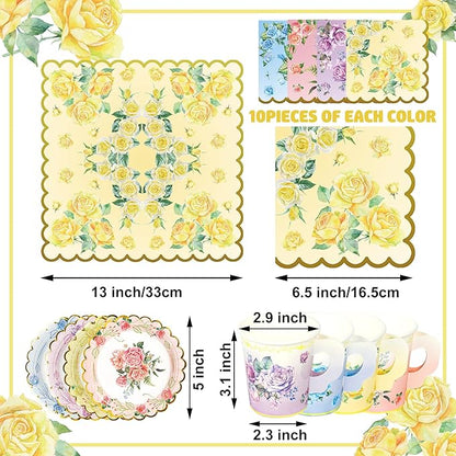 40 Set Floral Tea Cups and Saucers Disposable Tea Party Supplies Colorful Flower Teacups with Handle and Paper Napkins Dinnerware Set for Floral Theme Tea Party Birthday Wedding Bridal Shower Supply