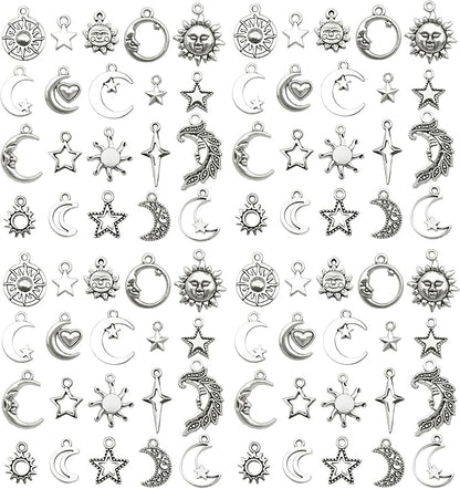 WOCRAFT 60pcs Antique Silver Sun Moon Star Bracelet Charms for Jewelry Making Sets DIY Necklace Bracelet Keychain Crafting Charms Kit Craft Supplies (SN833)