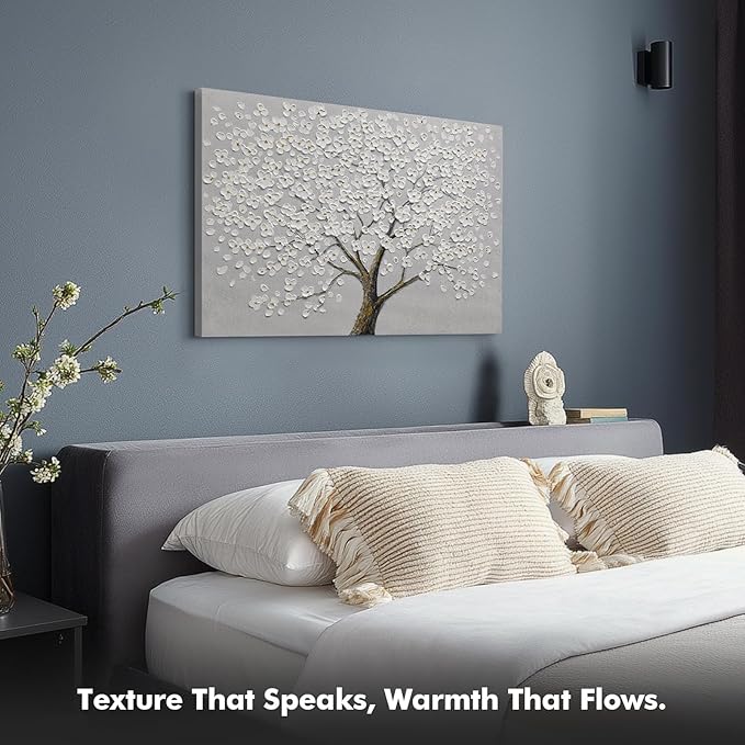 JUHOME Hand Painted White Floral Canvas Wall Art, 3D Textured Flower Oil Painting on Canvas, Neutral Colors for Bedroom, Living Room, Hallwa, Modern Home Decor,24x36