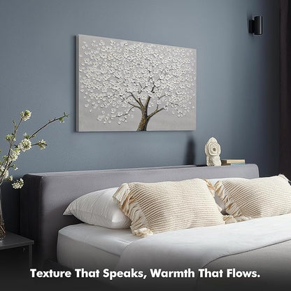 JUHOME Hand Painted White Floral Canvas Wall Art, 3D Textured Flower Oil Painting on Canvas, Neutral Colors for Bedroom, Living Room, Hallwa, Modern Home Decor,24x36