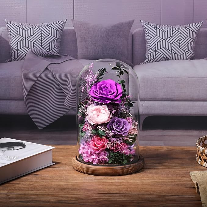 Flowers for Delivery Preserved Flowers Rose in Glass Dome,Purple Rose Forever Flowers Birthday Gifts for Women Mom Grandma Friend Gifts for Her,Home Decor
