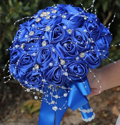 Bridal Wedding Bouquet Round Bling Brooch Bouquet Throw Toss Artificial Rose Flower Bunch for Bride Bridesmaid Wedding Quinceanera(Royal Blue, 8.7")