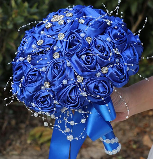 Bridal Wedding Bouquet Round Bling Brooch Bouquet Throw Toss Artificial Rose Flower Bunch for Bride Bridesmaid Wedding Quinceanera(Royal Blue, 8.7")