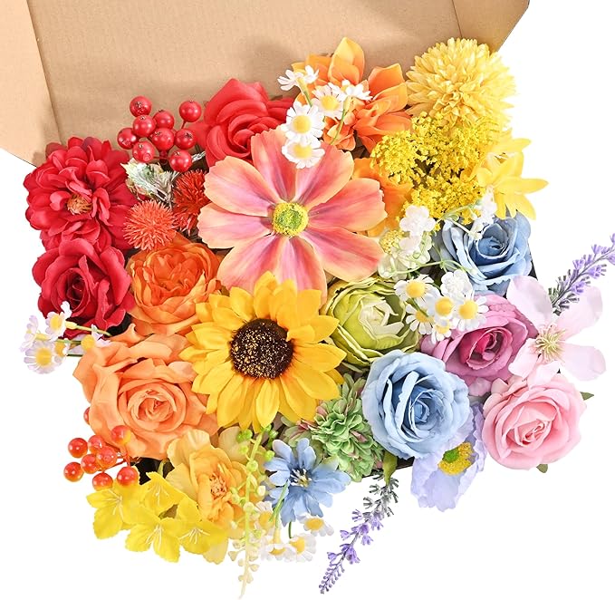 Artificial Flowers Combo Box, Fake Silk Foam Flower Mix with Wire Stem, DIY Wedding Bridal Bouquet Shower Party Home Décor (30-40 Pieces) (Rainbow)