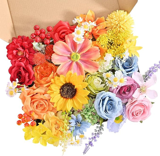Artificial Flowers Combo Box, Fake Silk Foam Flower Mix with Wire Stem, DIY Wedding Bridal Bouquet Shower Party Home Décor (30-40 Pieces) (Rainbow)