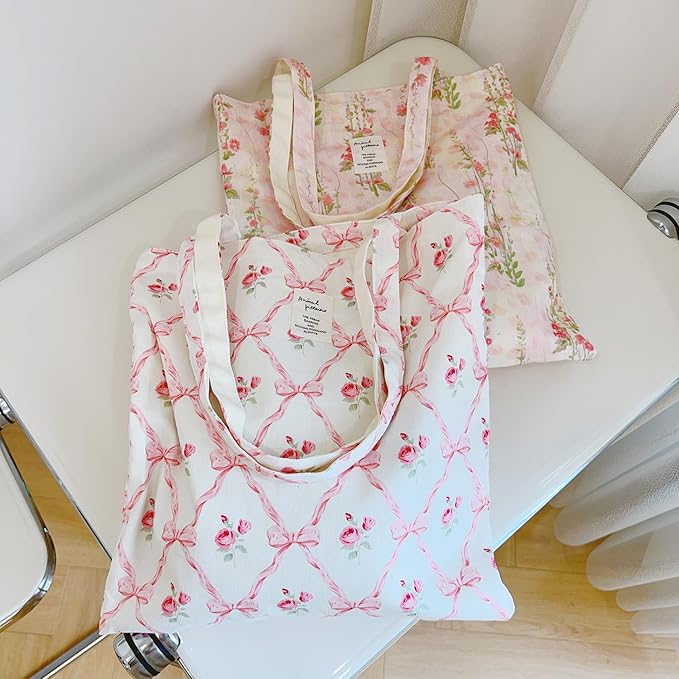 Cotton Canvas Tote Bag Reusable Soft Grocery Cloth Bag Floral Shoulder Bag for Beach Travel Shopping