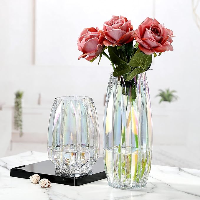 Glass Vase - Modern Ribbed Glass Vase for Flowers, Candles, and Decorative Accents -Black Grey, Amber, Clear and Colored Tall/Short Glass Vase for Centerpieces Home Table Decor (Colored, H-7.87inch)