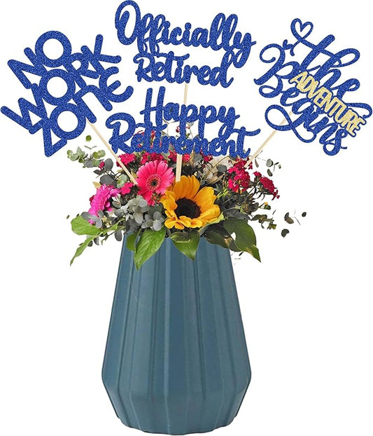 Ephlyn 16Pcs Happy Retirement Centerpiece Sticks Officially Retired Table Flower Centerpieces Sticks No Work Zone Floral Decorations for Farewell Birthday Party Centerpieces Supplies Blue