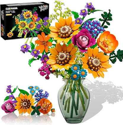 Wild Flowers Bouquet Building Set with Lights - Wildflower 18 Flower Botanicals Collection Building Blocks Sunflower Rose Violet Plants Home Decor Gift for Her Adults Women Girls 12+ (912PCS)