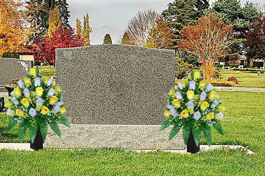 Artificial Cemetery Flowers, Gravesite Decoration Roses, Memorial Bouquets with Cemetery Vase, Vibrant and Long-Lasting Colors (Yellow+White, 2 Bundles)