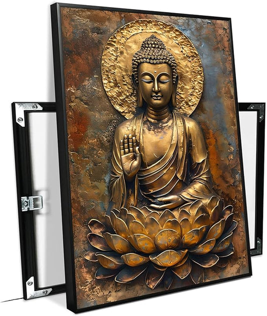 Buddha Wall Art Golden Buddha in Lotus Seat Serene spiritual statue radiant aura Meditation and mindfulness wall art suitable for sacred spaces 12x18in Metal blackFramed