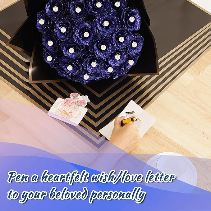 Glitter Roses Bouquet,DIY Fake Glitter Bouquets, Everlasting Shiny Artificial Rose Bouquet with Flower Wrapping Paper Crowns Cards for Mother's Day Graduation Wedding Anniversary(Blue),25 Pcs