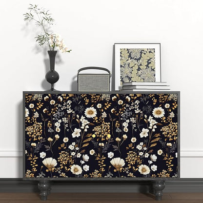 Dark Floral Peel and Stick Wallpaper Vintage Flower Contact Paper Vinyl Waterproof Self Adhesive Removable Retro Decor Black gold Botanical Wall Paper for Bedroom Walls Bookcase Drawers 17.5" x 118"