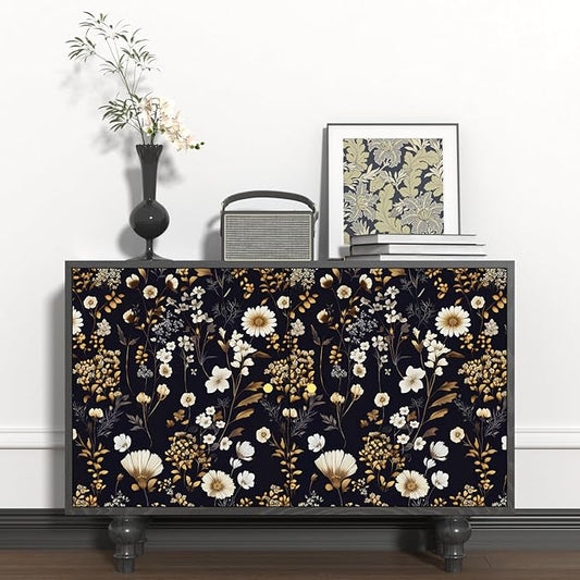 Dark Floral Peel and Stick Wallpaper Vintage Flower Contact Paper Vinyl Waterproof Self Adhesive Removable Retro Decor Black gold Botanical Wall Paper for Bedroom Walls Bookcase Drawers 17.5" x 118"