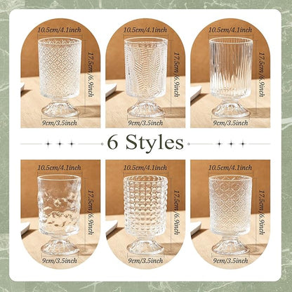 6 Pcs (H:7" W:4") Embossed Flower Vase Fall Pedestal Glass Vase Big Base Thickened Crystal Vintage Vases for Autumn Wedding Home Decor Table Centerpiece House Warming Gifts(Clear)