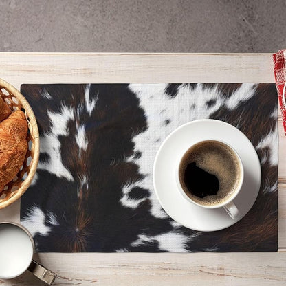 Vintage Cowhide Animal Placemats, Natural Rustic Farm Vintage Cow Animal Fur Texture Print Washable Fabric Placemats Table Kitchen Dining Party 12x18 Inch Set of 4